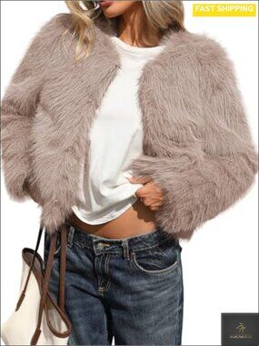 Fluffy Faux Fur Cropped Coat Hidden Hooks Pockets Women's Winter